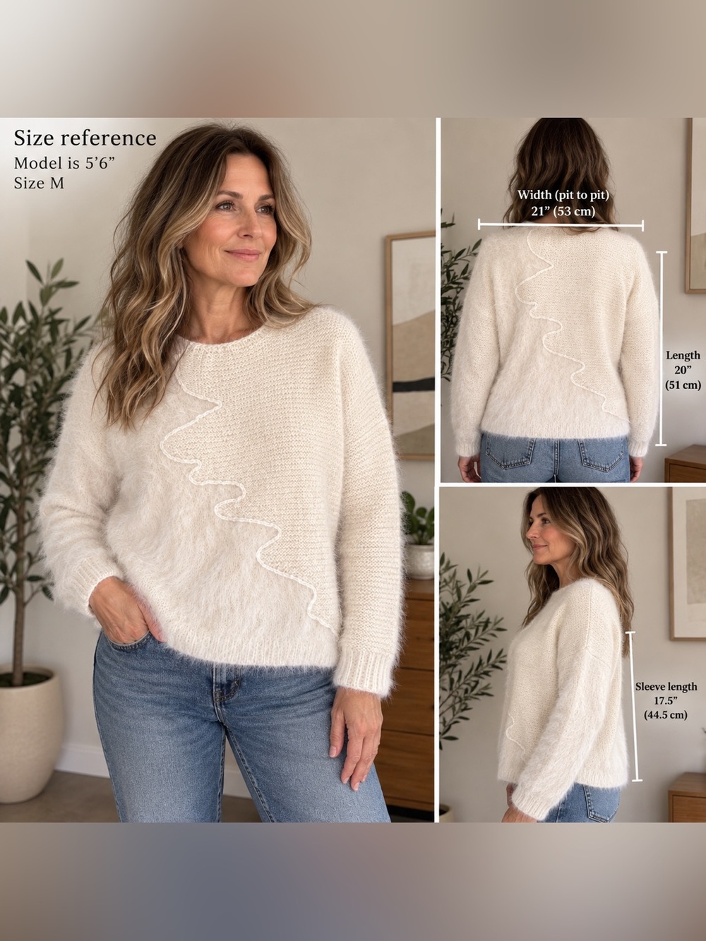 Vintage Angora Fuzzy Knit Sweater Ivory Cream Wavy Detail Boho